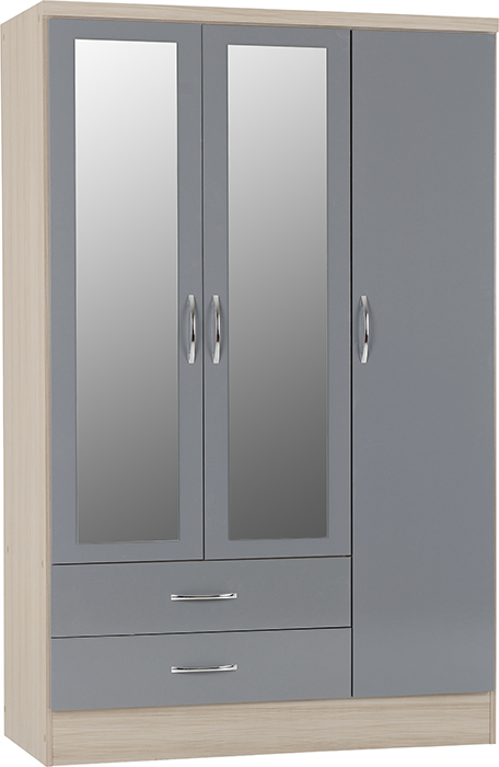 Nevada 3 Door 2 Drawer Mirrored Wardrobe In Grey Gloss & Oak